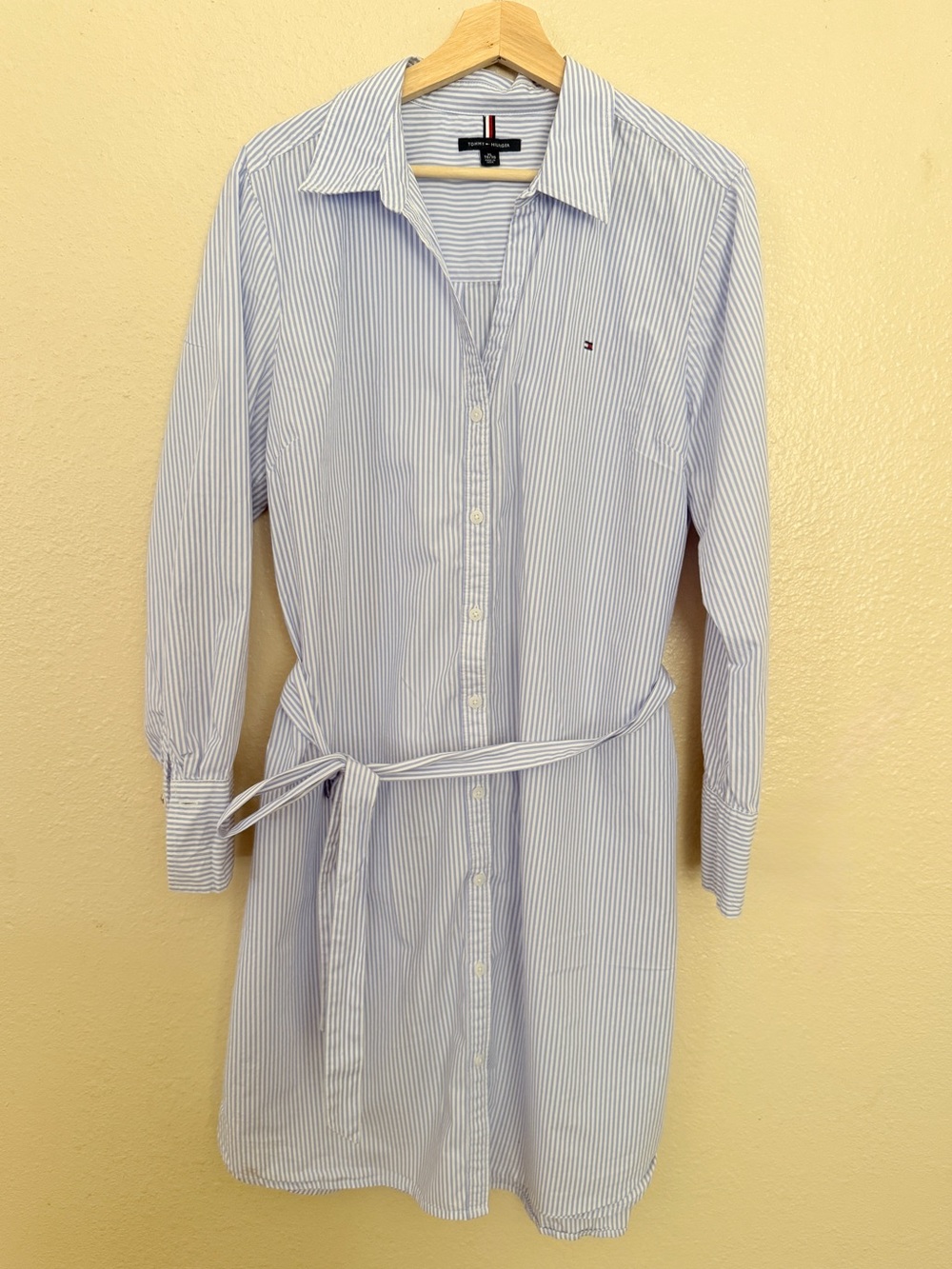 Tommy Hilfiger Blue and White Pinstripe Long-Sleeve Shirt Dress with Tie Belt